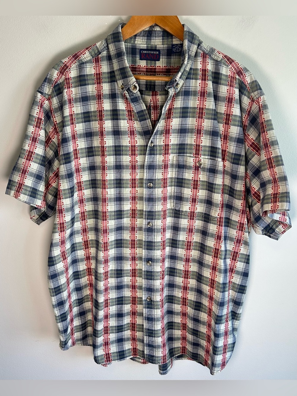 Vintage Christopher Rand Button Up Shirt Men’s XL Textured Plaid Cotton Red Blue